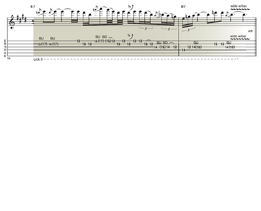 Lick 3: Towards the end of this lick the guitar's vibrato unit comes into play; not only where I use it to dip the solo's final notes, but also in the way that bending the third string makes the second string go slightly flat. You'll hear this quirk of the Stratocaster in many of Jimi's solos. It doesn't offend me at all; it's simply a guitar and a guitarist in action, and what's wrong with that?